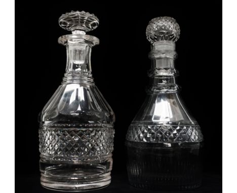 Two slab sided early 19th century glass decanters - A three ring cut glass decanter with slab cut shoulders, hobnail decorati