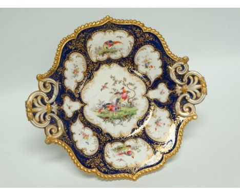 Royal Worcester - A puce mark hand painted dish having ho-ho birds to centre and with gilt and cobalt blue decoration with ei