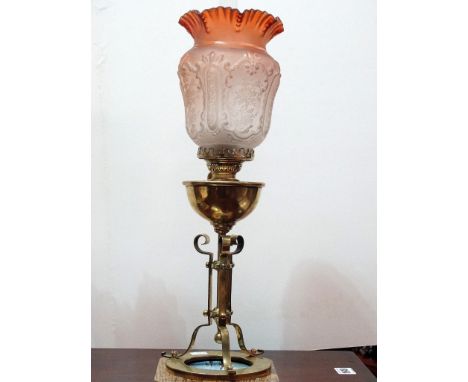 19th century Arts and Crafts oil lamp - A W.A.S. Benson style with cast clear and amber frilled shade with relief decoration,