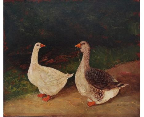 M. MILLARD  Geese Oil on board Signed  Bears sheet dated Dec 5 1925 to verso Picture size 25.7 x 30.4cm