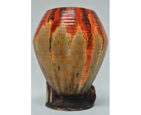 Crown Devon Fieldings - An Art Deco drip glazed shaped vase, signed to base, height 19.5cm, diameter 15cm, together with a Tr