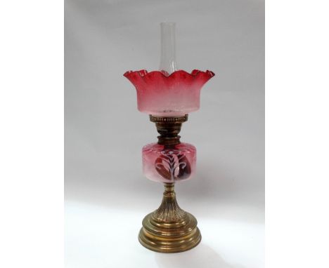 A 19th century 'Superior Duplex' twin burner oil lamp - A brass and vaseline cranberry glass column with frill edge clear to 