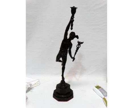 Mars, God of War bronze lamp - A patinated bronze figure of Mars with winged helmet and ankles, standing on a mask with two s