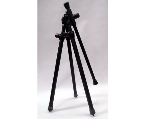 A Kowa x25 monocular on Manfrotto Art. 90 Professional Tripod; a Benbo Trekker tripod in case; two other tripods by Velbon (A