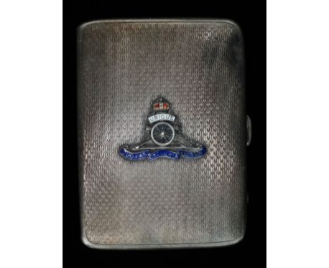 Asprey - Military cigarette case - A silver engine turned cigarette case with enamel decoration and motto 'Ubique' 'Quo Fas E