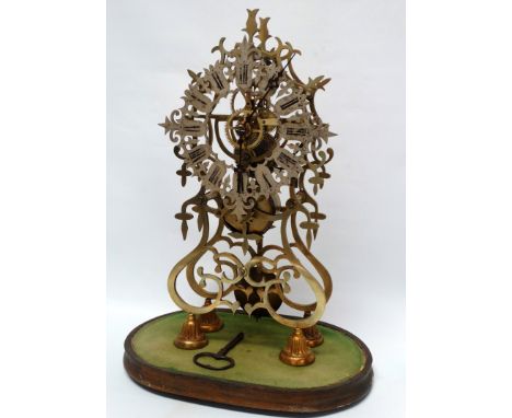 Gothic skeleton clock under dome - A chain fusee timepiece with ornate brass frame and pierced silvered chapter ring with Rom