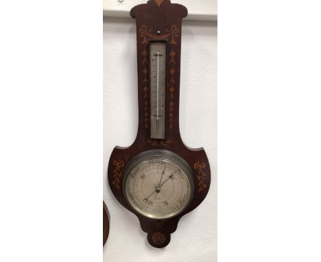 Art Nouveau inlaid barometer - An Edwardian inlaid mahogany two glass barometer Rawling, Croydon, length 80.5cm.