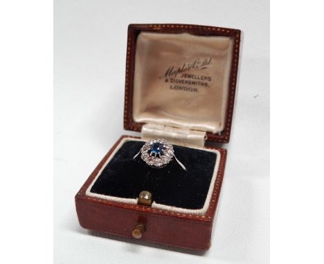 An 18ct gold and platinum ring set a sapphire and ten diamonds, size M. 