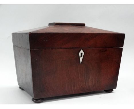 An early 19th century mahogany tea caddy - A two sectional sarcophagus tea caddy on squat bun feet, height 15.5cm, width 23.2