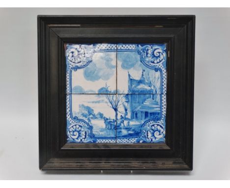 Delft - NL Schelfout, a framed four tile pictorial depiction showing a horse drawn sledge being loaded by figures, beside a h