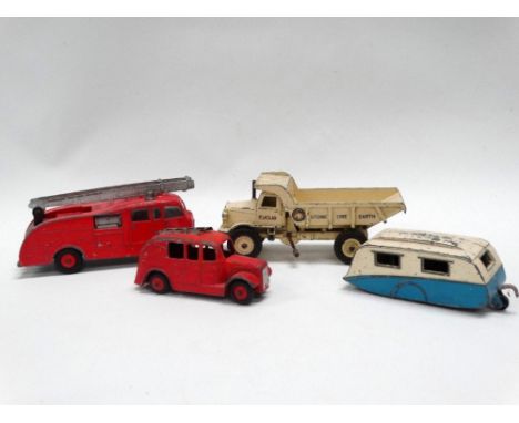DINKY - A fire engine No.955, an Euclid rear dump truck No.965, a streamlined fire engine No.250 and a blue and white caravan