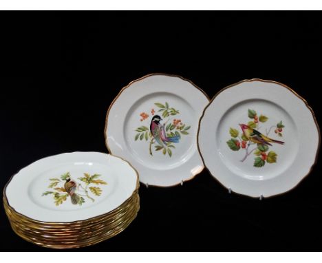 A set of twelve 20th century Spode 'Audubon Birds' printed, hand painted and gilt decorated plates, diameter 26.5cm. Provenan