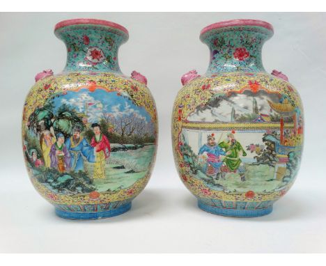 A pair of 19th century Chinese vases on stands - Famille jaune vases, the ground with floral and with two vignettes, one hand