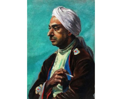 XX Portrait School Portrait of a gentleman wearing a turban  and smoking a cigarette Oil on board Framed  Picture size 52.5 x