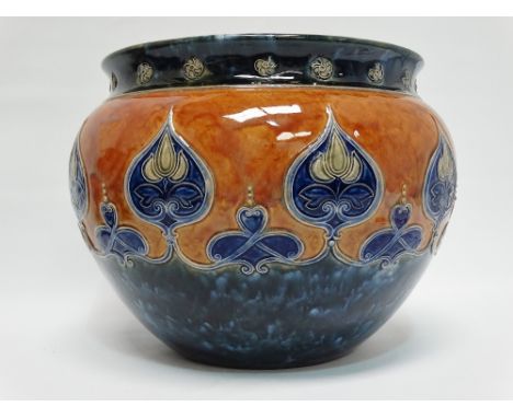 Royal Doulton - A jardiniere with Art Nouveau bas relief, 6942 and stamped maker's mark 'h' to base, height 21cm, diameter 27