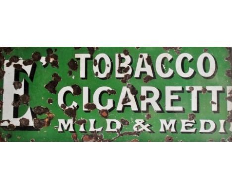 Vitreous enamel advertising sign - 'E' Tobacco, Cigarett Mild &amp; Medi ...', white letters with black shadowing on sage gre