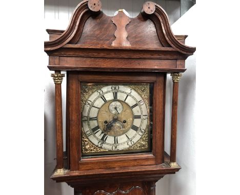 8 day Cornish longcase clock - Richd Martin Helstone, 31cm square brass dial with applied silver chapter ring, moustache date