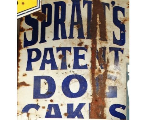 Vitreous enamel advertising sign - Spratt's Patent Dog Cakes, blue on white, 102 x 76cm. 