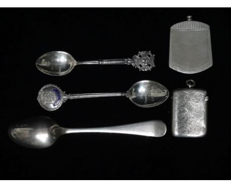 A silver vesta case, Chester 1901, maker's mark for Marcus Beaver, height 4.5cm, weight 25.3g, another slim silver vesta, mar