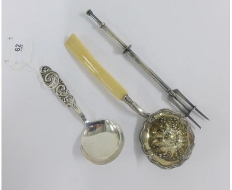 Scandinavian silver spoon and a WMF two prong fork and a white metal ladle (3) 