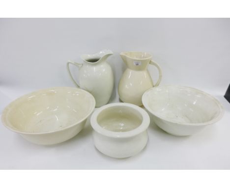 Various white glazed Staffordshire toilet sets to include chamber pot, basin and jugs, etc (5) 