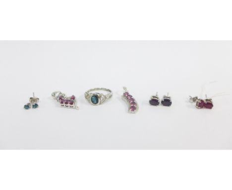 A collection of silver and gemset jewellery to include a dress ring,  two pendants and earrings (a lot) 