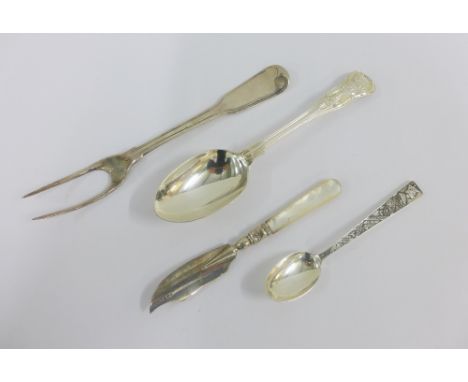 Mixed lot to include an London silver spoon, silver two prong fork, Birmingham silver and mother of pearl handled butter knif