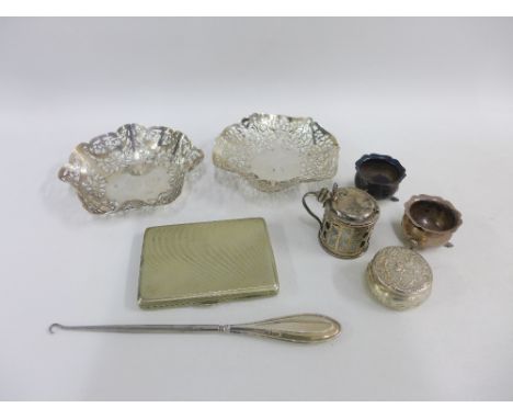 A mixed lot to include a pair of Chester silver salts, continental silver trinket box, silver handled button hook and Epns it