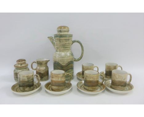 Secla Portugal retro coffee set comprising six cups, six saucers, coffee pot, cream jug and sugar bowl (a lot) 