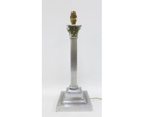 Silver plated Corinthian column table lamp base, height excluding fitting 37cm 