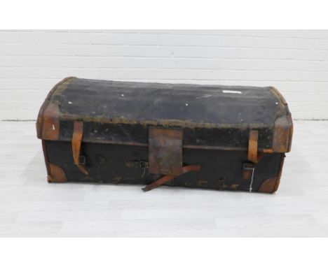 Vintage leather and canvas dome top trunk, 42 x 108cm 