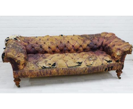 19th century button back Chesterfield sofa with worn leather upholstery and mahogany legs with brass caps and ceramic castors