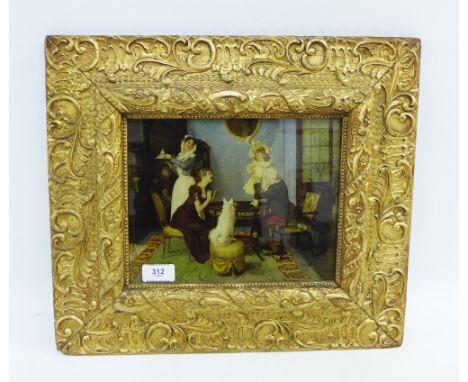 A coloured print contained within an ornate giltwood frame, size overall 44 x 38cm 
