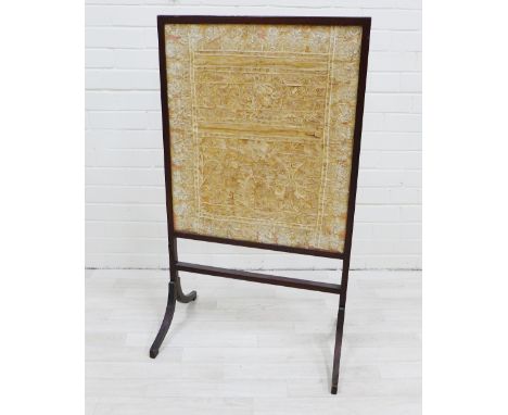 Mahogany fire screen with crewel work panel, 104 x 59cm 