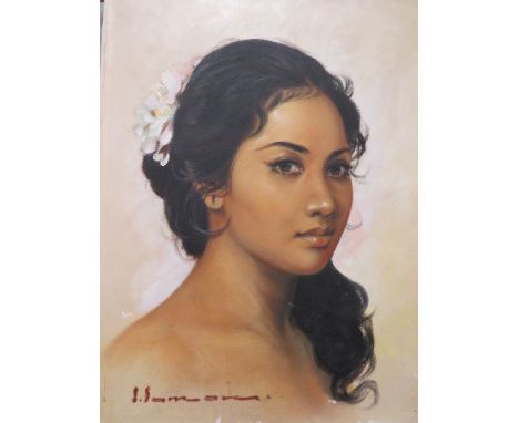 A UNFRAMED OIL ON CANVAS PORTRAIT OF A LADY SIGNED LOWER LEFT