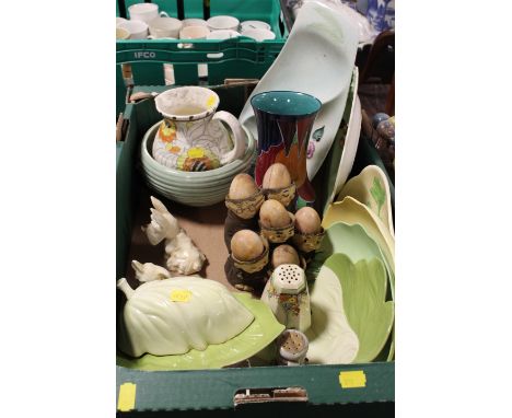 A TRAY OF CERAMICS TO INCLUDE A CHARLOTTE RHEAD JUG ETC