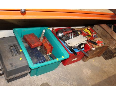 A SELECTION OF TOOLS, TOOLBOXES AND CONSUMABLES TO INCLUDE STILSONS AND A BATTERY TESTER