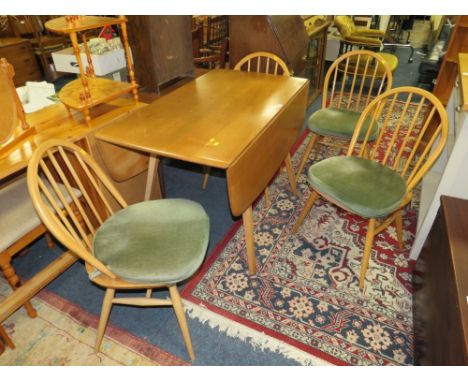 AN ERCOL BLONDE DROPLEAF TABLE &amp; FOUR HOOPBACK CHAIRS