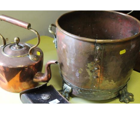 A VINTAGE COPPER AND BRASS TWIN HANDLED TRUG WITH LION PAW FEET TOGETHER WITH A KETTLE AND A CAMERA 