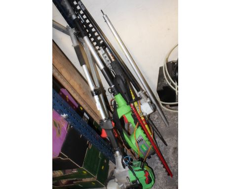 A PETROL MULTI TOOL, EXTENDED HEDGE TRIMMER, CHAINSAW TOGETHER WITH AN ELECTRIC EXTENDED HEDGE TRIMMER A/F