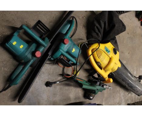 SELECTION OF ELECTRIC GARDEN TOOLS TO INCLUDE LEAF VAC, 2 BOSCH CHAIN SAWS AND A BLACK AND DECKER BRANCH CUTTER