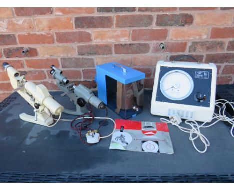 A SELECTION OF SCIENTIFIC AND OPTICAL INSTRUMENTS TO INCLUDE TWO FOCI METERS, A QUARTZ DRIVE THERMO BAROGRAPH AND A LIGHT LAB