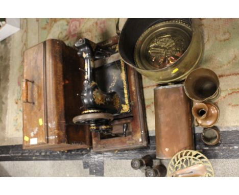 A VINTAGE C.S SEWING MACHINE TOGETHER WITH A BRASS COAL SCUTTLE AND CONTENTS 