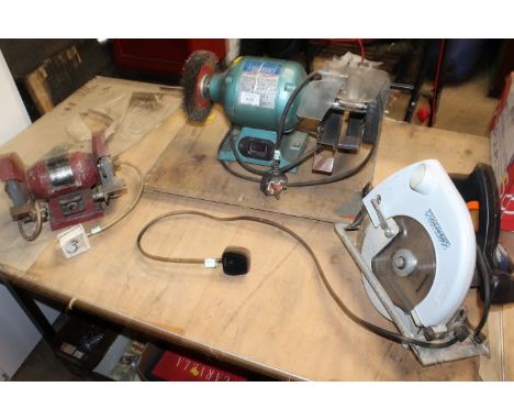 DRAPER BENCH GRINDER / POLISHER TOGETHER WITH ANOTHER BENCH GRINDER AND POWER SAW