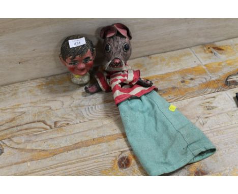 A VINTAGE HAND PUPPET OF A RODENT TOGETHER WITH A PAPIER MACHE PUPPET HEAD
