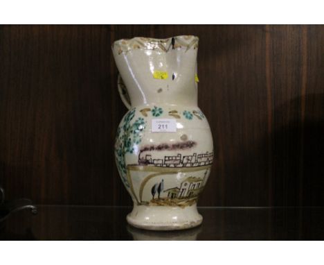A VINTAGE POTTERY JUG WITH PAINTED STUDY OF A STEAM ENGINE AND CARRIAGES 