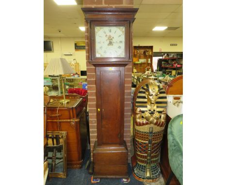 A SMALL ANTIQUE 30 HOUR LONGCASE CLOCK WITH WEIGHT AND PENDULUM