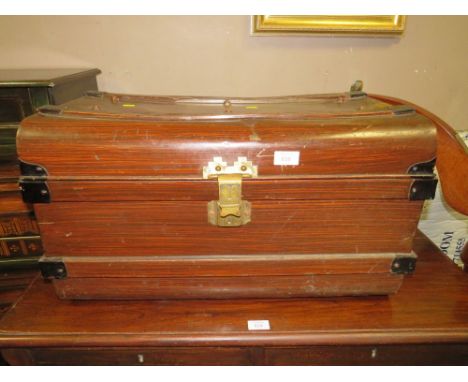 A VINTAGE TIN TRUNK TOGETHER WITH A SMALL TRIPOD TABLE AND A WOODEN GRAIN BIN A/F