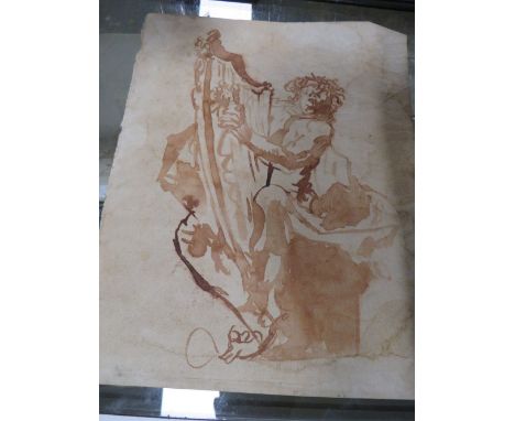 AN EARLY OLD MASTER STYLE DRAWING OF A FIGURE AND HARP SEPIA WATER COLOUR 