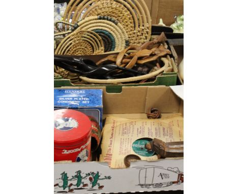 COLLECTION OF 78 RECORDS, VINTAGE COW &amp; GATE TIN, BOXED SILVER PLATED CONDIMENT SET, WOODEN TREEN MONK CARVING AND AN EAS